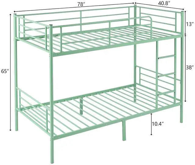 Alt view image 2 of 7 - Bunk Bed Twin Over Twin with 13 inches Tall Guardrail, Metal Twin Bunk Bed with Flat Rungs Design,No Boxing Spring Needed, Green