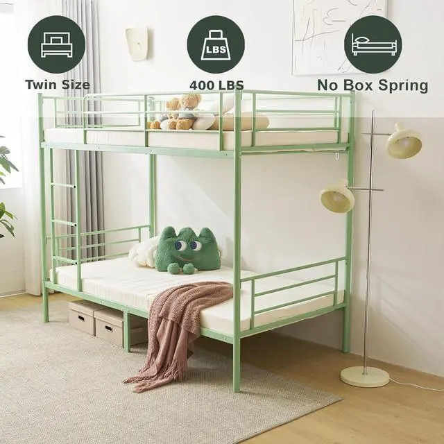 Alt view image 3 of 7 - Bunk Bed Twin Over Twin with 13 inches Tall Guardrail, Metal Twin Bunk Bed with Flat Rungs Design,No Boxing Spring Needed, Green