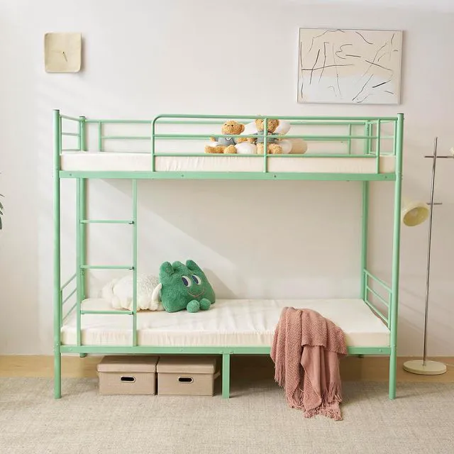 Alt view image 7 of 7 - Bunk Bed Twin Over Twin with 13 inches Tall Guardrail, Metal Twin Bunk Bed with Flat Rungs Design,No Boxing Spring Needed, Green
