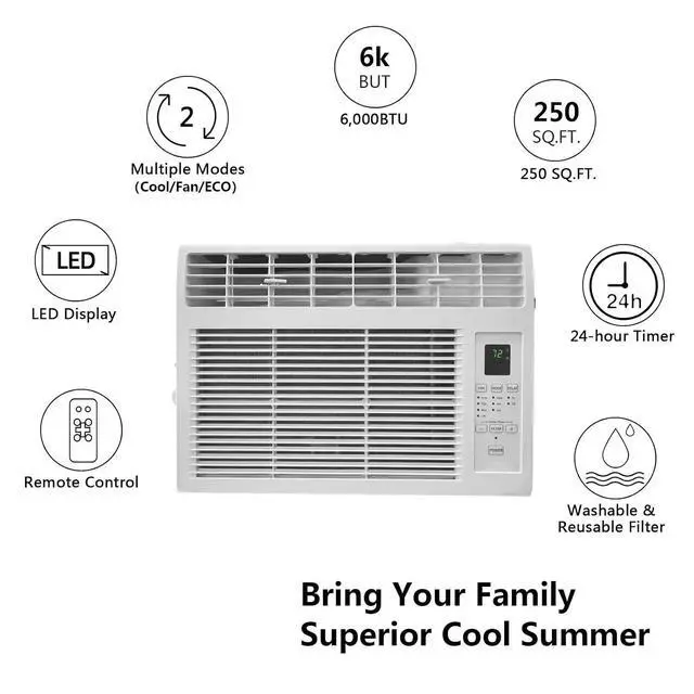 Alt view image 4 of 7 - 6000BTU Window Air Conditioner with Remote and 24H Timer, Window AC Unit with ECO Mode and 4 Fan Speed, Cools up to 250 Sq. Ft., Easy Installation for Home Bedroom Apartment Office 115V