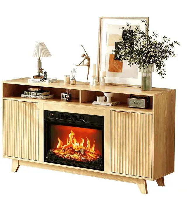 Main image of 58" Electric Fireplace TV Stand for 70-Inch TVs - Modern Media Console with Adjustable Shelves, Open Storage, Built-in Heater & 6 Flame Colors, Finish - Perfect for Living Room & Bedroom, Oak