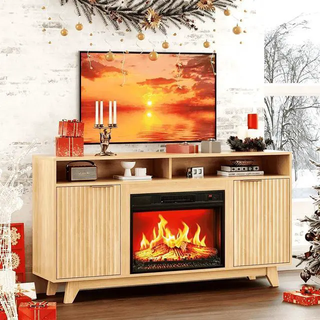 Alt view image 2 of 7 - 58" Electric Fireplace TV Stand for 70-Inch TVs - Modern Media Console with Adjustable Shelves, Open Storage, Built-in Heater & 6 Flame Colors, Finish - Perfect for Living Room & Bedroom, Oak