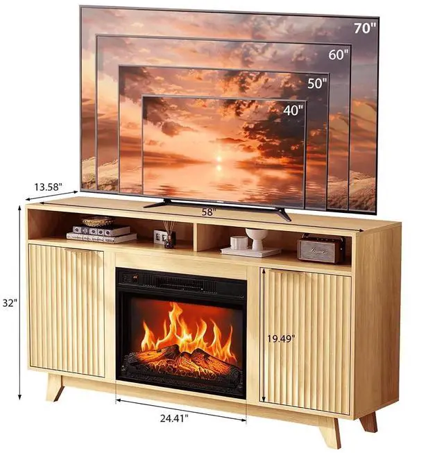 Alt view image 3 of 7 - 58" Electric Fireplace TV Stand for 70-Inch TVs - Modern Media Console with Adjustable Shelves, Open Storage, Built-in Heater & 6 Flame Colors, Finish - Perfect for Living Room & Bedroom, Oak
