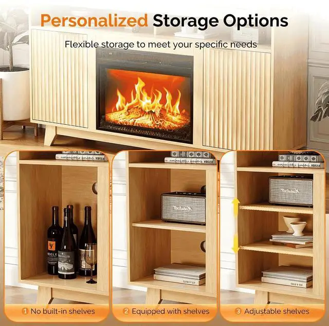 Alt view image 5 of 7 - 58" Electric Fireplace TV Stand for 70-Inch TVs - Modern Media Console with Adjustable Shelves, Open Storage, Built-in Heater & 6 Flame Colors, Finish - Perfect for Living Room & Bedroom, Oak