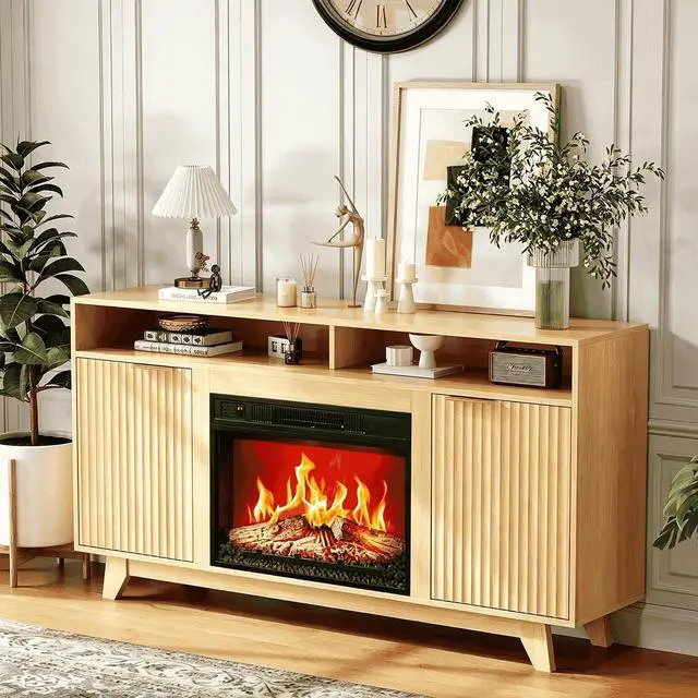 Alt view image 6 of 7 - 58" Electric Fireplace TV Stand for 70-Inch TVs - Modern Media Console with Adjustable Shelves, Open Storage, Built-in Heater & 6 Flame Colors, Finish - Perfect for Living Room & Bedroom, Oak
