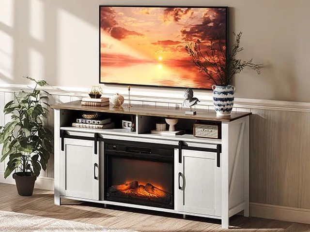 Alt view image 7 of 7 - Farmhouse Fireplace TV Stand & Entertainment Center for 70" TV with Sliding Barn Doors, 23" Electric LED Flame Fireplace Media Console with Living Room Storage, Distressed White