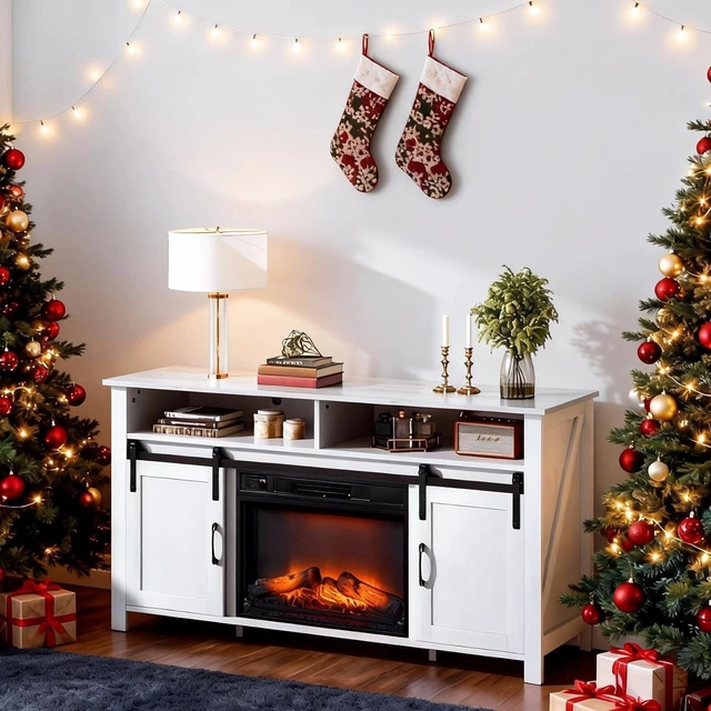 Main image of Farmhouse Fireplace TV Stand & Entertainment Center for 70" TV with Sliding Barn Doors, 23" Electric LED Flame Fireplace Media Console with Living Room Storage, Distressed White