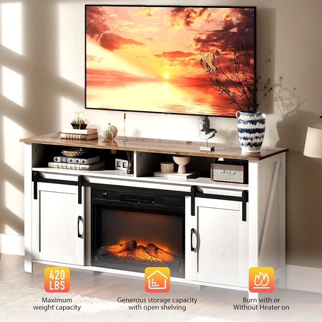 Alt view image 4 of 7 - Farmhouse Fireplace TV Stand & Entertainment Center for 70" TV with Sliding Barn Doors, 23" Electric LED Flame Fireplace Media Console with Living Room Storage, Distressed White