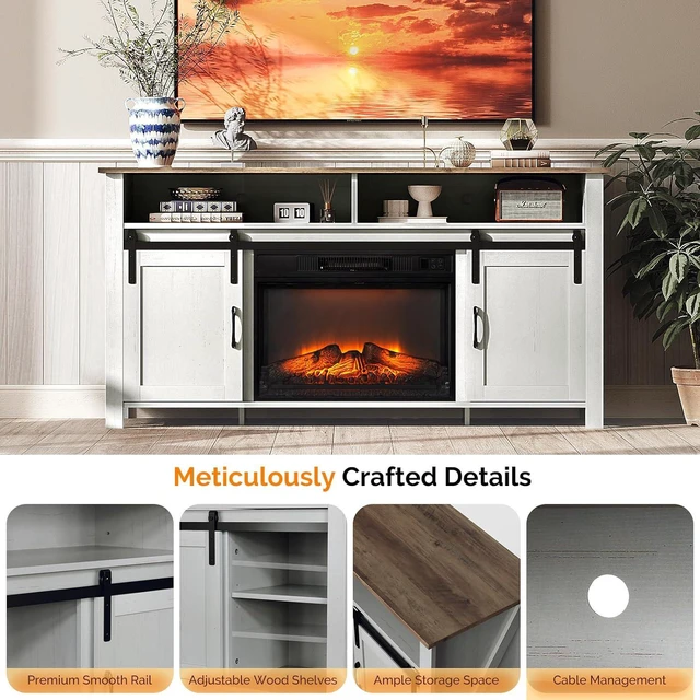 Alt view image 6 of 7 - Farmhouse Fireplace TV Stand & Entertainment Center for 70" TV with Sliding Barn Doors, 23" Electric LED Flame Fireplace Media Console with Living Room Storage, Distressed White
