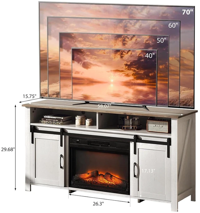 Alt view image 2 of 7 - Farmhouse Fireplace TV Stand & Entertainment Center for 70" TV with Sliding Barn Doors, 23" Electric LED Flame Fireplace Media Console with Living Room Storage, Distressed White
