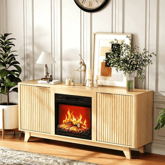 Main image of Fireplace TV Stand for up to 70-Inch TVs, Fluted Entertainment Center with Electric Fireplace Heater, Adjustable Shelves & Storage, TV Console for Living Room, Oak