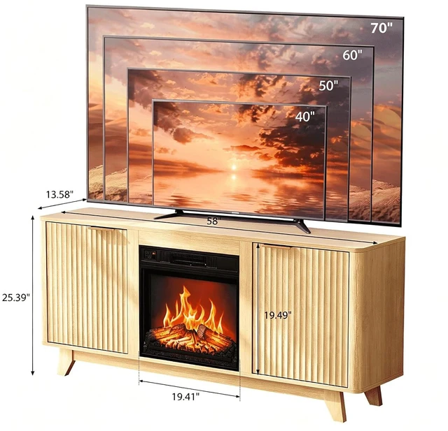 Alt view image 3 of 7 - Fireplace TV Stand for up to 70-Inch TVs, Fluted Entertainment Center with Electric Fireplace Heater, Adjustable Shelves & Storage, TV Console for Living Room, Oak