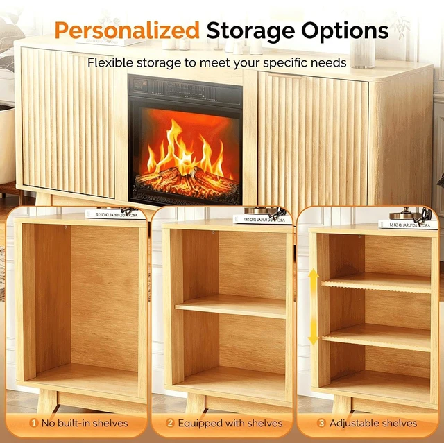 Alt view image 4 of 7 - Fireplace TV Stand for up to 70-Inch TVs, Fluted Entertainment Center with Electric Fireplace Heater, Adjustable Shelves & Storage, TV Console for Living Room, Oak