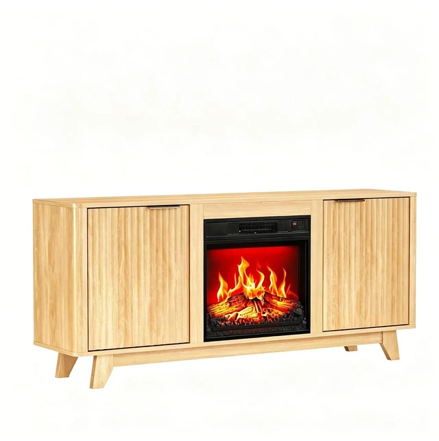 Alt view image 6 of 7 - Fireplace TV Stand for up to 70-Inch TVs, Fluted Entertainment Center with Electric Fireplace Heater, Adjustable Shelves & Storage, TV Console for Living Room, Oak