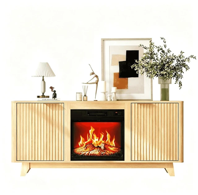 Alt view image 7 of 7 - Fireplace TV Stand for up to 70-Inch TVs, Fluted Entertainment Center with Electric Fireplace Heater, Adjustable Shelves & Storage, TV Console for Living Room, Oak