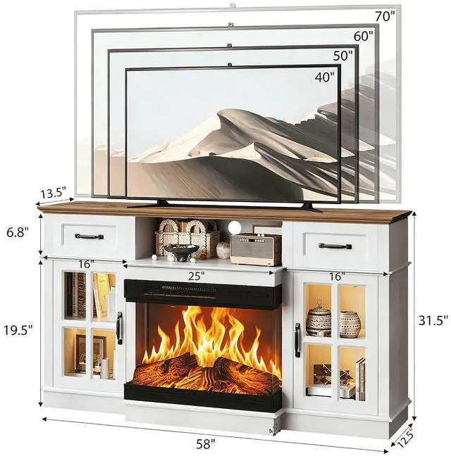 Alt view image 2 of 7 - 58" Fireplace TV Stand, White | 3-Sided Glass Electric Fireplace, LED Light, Drawers & Glass Doors