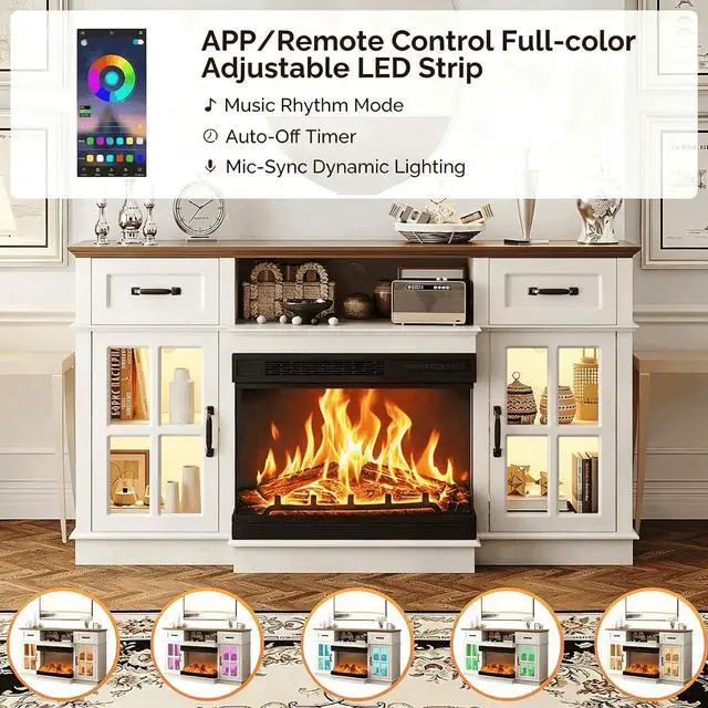 Alt view image 4 of 7 - 58" Fireplace TV Stand, White | 3-Sided Glass Electric Fireplace, LED Light, Drawers & Glass Doors