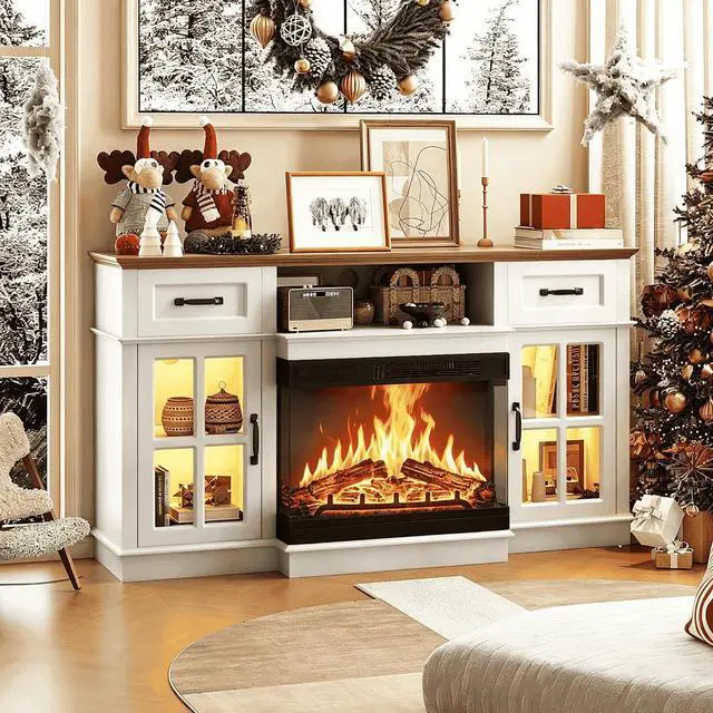 Alt view image 5 of 7 - 58" Fireplace TV Stand, White | 3-Sided Glass Electric Fireplace, LED Light, Drawers & Glass Doors