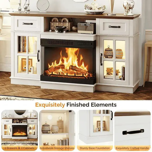 Alt view image 6 of 7 - 58" Fireplace TV Stand, White | 3-Sided Glass Electric Fireplace, LED Light, Drawers & Glass Doors