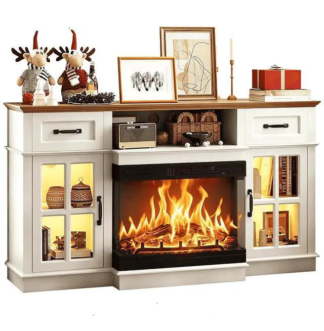 Alt view image 7 of 7 - 58" Fireplace TV Stand, White | 3-Sided Glass Electric Fireplace, LED Light, Drawers & Glass Doors