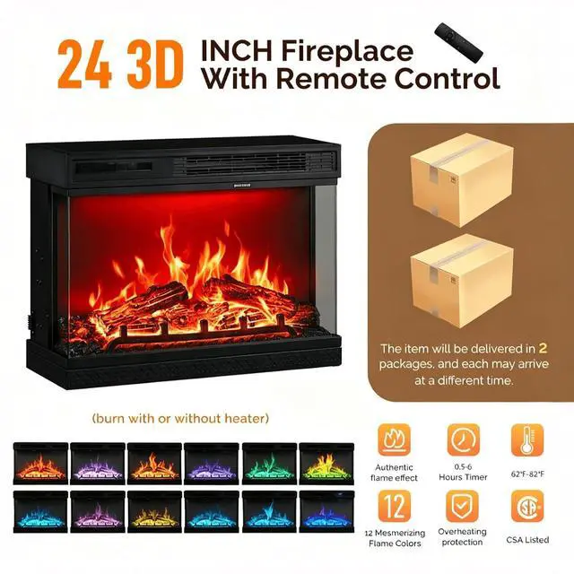 Alt view image 2 of 7 - 58" Fireplace TV Stand for up to 65" TVs, Dark Rustic Oak | 3-Sided Electric Fireplace, LED Light Strip, Glass Doors, Storage Drawers & Open Shelf