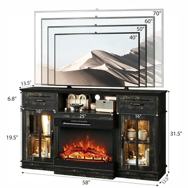 Alt view image 4 of 7 - 58" Fireplace TV Stand for up to 65" TVs, Dark Rustic Oak | 3-Sided Electric Fireplace, LED Light Strip, Glass Doors, Storage Drawers & Open Shelf