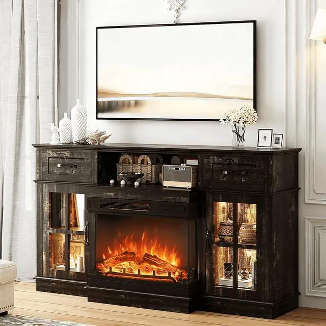 Alt view image 5 of 7 - 58" Fireplace TV Stand for up to 65" TVs, Dark Rustic Oak | 3-Sided Electric Fireplace, LED Light Strip, Glass Doors, Storage Drawers & Open Shelf