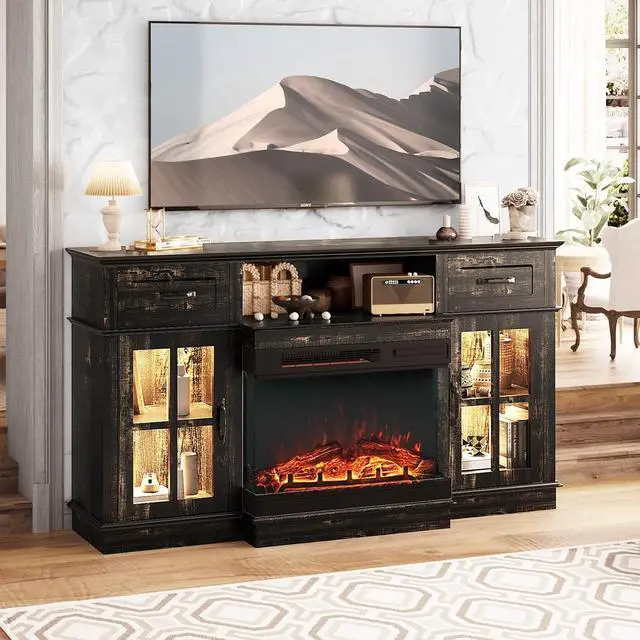 Alt view image 6 of 7 - 58" Fireplace TV Stand for up to 65" TVs, Dark Rustic Oak | 3-Sided Electric Fireplace, LED Light Strip, Glass Doors, Storage Drawers & Open Shelf