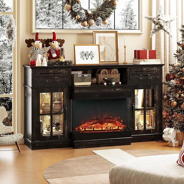 Alt view image 7 of 7 - 58" Fireplace TV Stand for up to 65" TVs, Dark Rustic Oak | 3-Sided Electric Fireplace, LED Light Strip, Glass Doors, Storage Drawers & Open Shelf