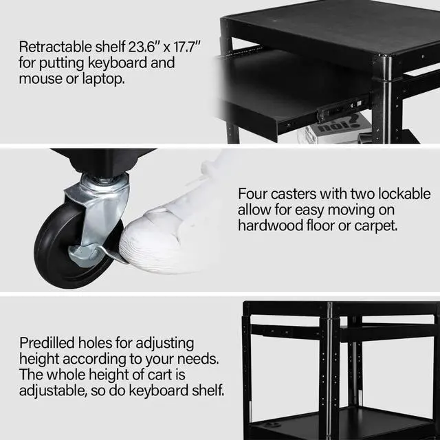 Alt view image 2 of 7 - 3-Tiers Rolling AV Presentation Cart with Storage, Mobile Computer Utility Media with Keyboard Tray, Projector Cart on Wheels with Locking Cabinet for School, University and Office Use
