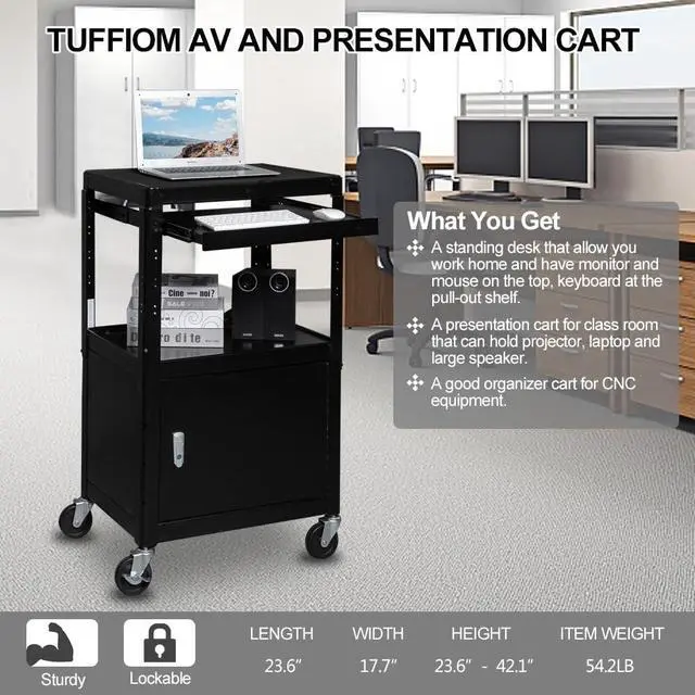 Alt view image 3 of 7 - 3-Tiers Rolling AV Presentation Cart with Storage, Mobile Computer Utility Media with Keyboard Tray, Projector Cart on Wheels with Locking Cabinet for School, University and Office Use