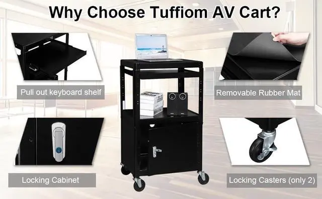 Alt view image 5 of 7 - 3-Tiers Rolling AV Presentation Cart with Storage, Mobile Computer Utility Media with Keyboard Tray, Projector Cart on Wheels with Locking Cabinet for School, University and Office Use