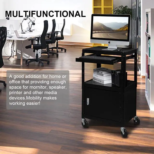 Alt view image 4 of 7 - 3-Tiers Rolling AV Presentation Cart with Storage, Mobile Computer Utility Media with Keyboard Tray, Projector Cart on Wheels with Locking Cabinet for School, University and Office Use
