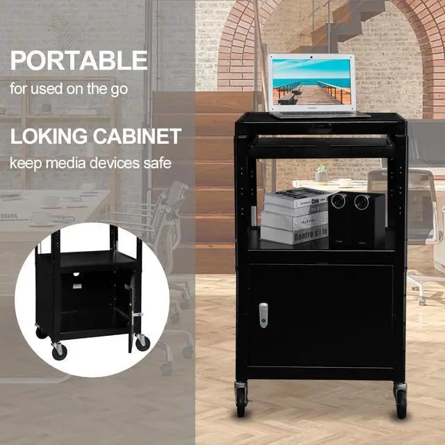 Alt view image 6 of 7 - 3-Tiers Rolling AV Presentation Cart with Storage, Mobile Computer Utility Media with Keyboard Tray, Projector Cart on Wheels with Locking Cabinet for School, University and Office Use