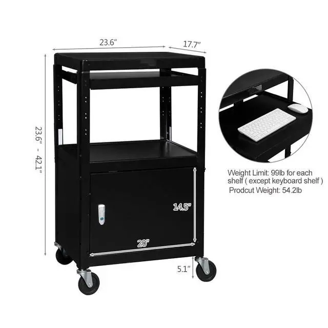 Alt view image 7 of 7 - 3-Tiers Rolling AV Presentation Cart with Storage, Mobile Computer Utility Media with Keyboard Tray, Projector Cart on Wheels with Locking Cabinet for School, University and Office Use