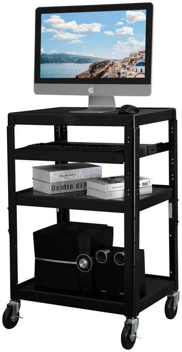 Main image of 3-Tiers Rolling AV Presentation Cart with Keyboard Tray, Mobile Computer Utility Media Cart with Adjustable Height Function, Projector Cart on Wheels for School, University and Office Use