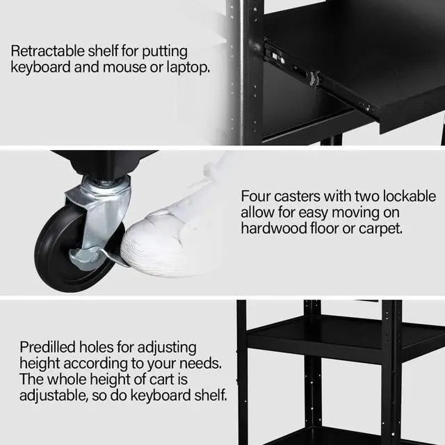 Alt view image 2 of 7 - 3-Tiers Rolling AV Presentation Cart with Keyboard Tray, Mobile Computer Utility Media Cart with Adjustable Height Function, Projector Cart on Wheels for School, University and Office Use