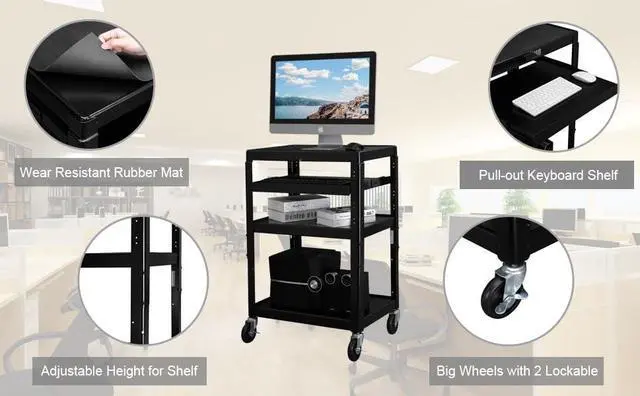 Alt view image 4 of 7 - 3-Tiers Rolling AV Presentation Cart with Keyboard Tray, Mobile Computer Utility Media Cart with Adjustable Height Function, Projector Cart on Wheels for School, University and Office Use