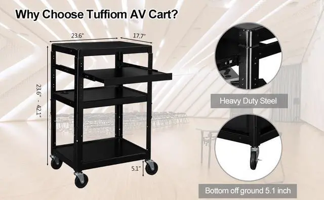 Alt view image 6 of 7 - 3-Tiers Rolling AV Presentation Cart with Keyboard Tray, Mobile Computer Utility Media Cart with Adjustable Height Function, Projector Cart on Wheels for School, University and Office Use
