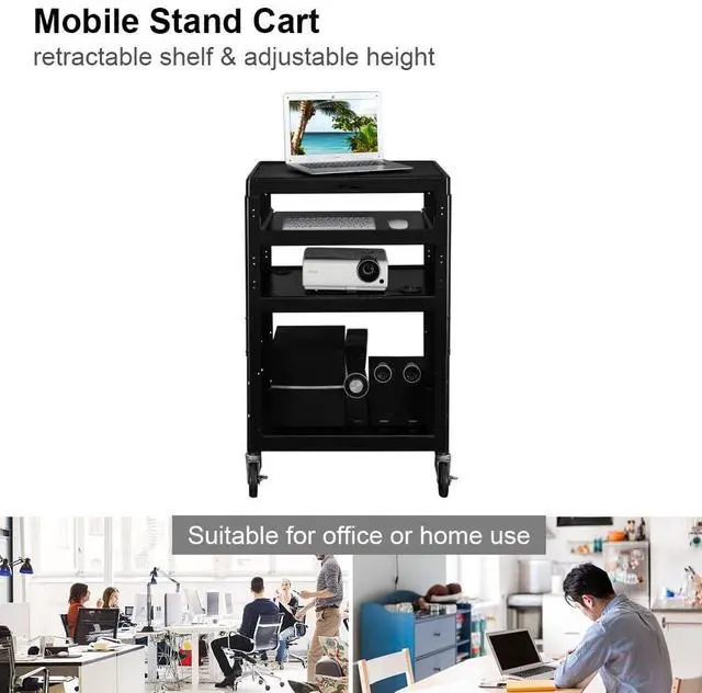 Alt view image 7 of 7 - 3-Tiers Rolling AV Presentation Cart with Keyboard Tray, Mobile Computer Utility Media Cart with Adjustable Height Function, Projector Cart on Wheels for School, University and Office Use