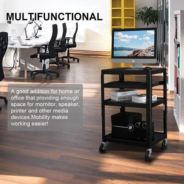 Alt view image 5 of 7 - 3-Tiers Rolling AV Presentation Cart with Keyboard Tray, Mobile Computer Utility Media Cart with Adjustable Height Function, Projector Cart on Wheels for School, University and Office Use