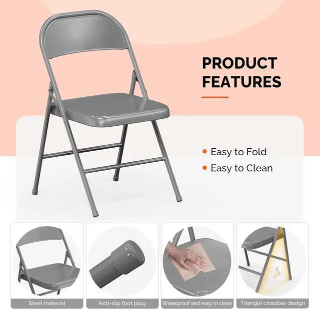 Alt view image 4 of 7 - All Iron Metal Folding Chair,Lightweight Portable Folding Chair,Indoor/Outdoor Dual-Use Seating,Grey(8 Pack)