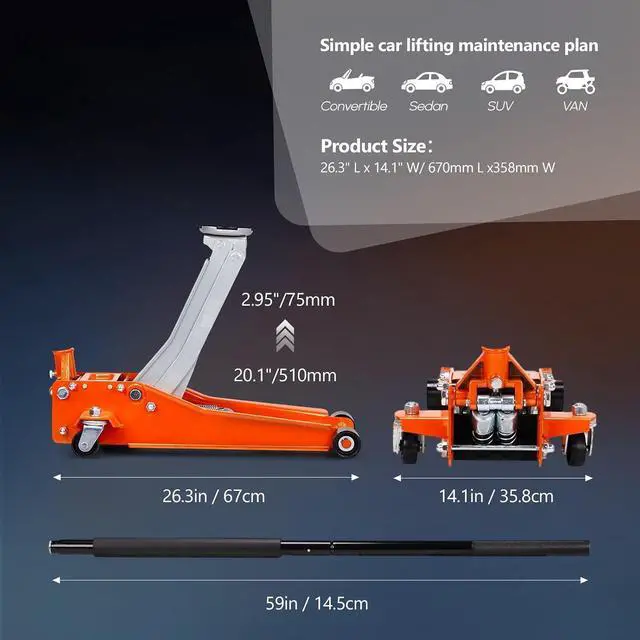 Alt view image 3 of 5 - 3 Ton Low Profile Floor Jack,Lifting Range 2.95" to 20.1" Horizontal Hydraulic for Garage, Workshop and Vehicle Maintenance