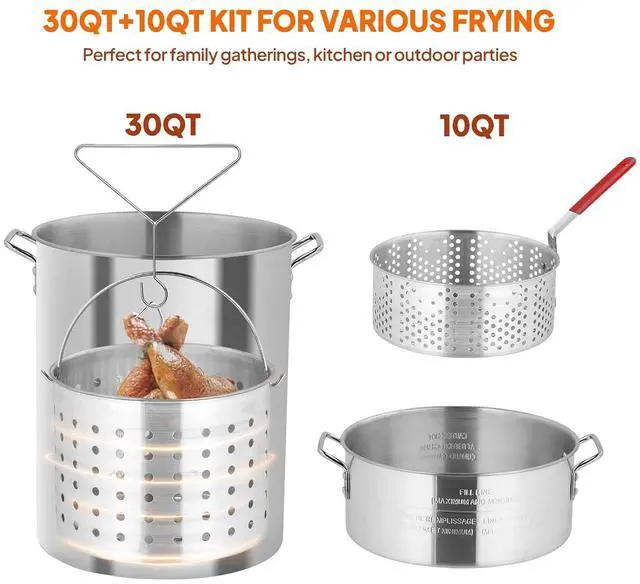 Alt view image 2 of 7 - 30QT Turkey Fryer & 10QT Fish Fryer with 55,000 BTU Propane Burner, Outdoor Seafood & Crawfish Boiler with Steamer Basket & Thermometer, Ideal for Crawfish, Crab, Shrimp Boiling and Deep Frying