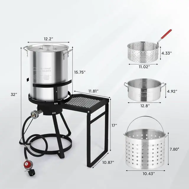 Alt view image 6 of 7 - 30QT Turkey Fryer & 10QT Fish Fryer with 55,000 BTU Propane Burner, Outdoor Seafood & Crawfish Boiler with Steamer Basket & Thermometer, Ideal for Crawfish, Crab, Shrimp Boiling and Deep Frying