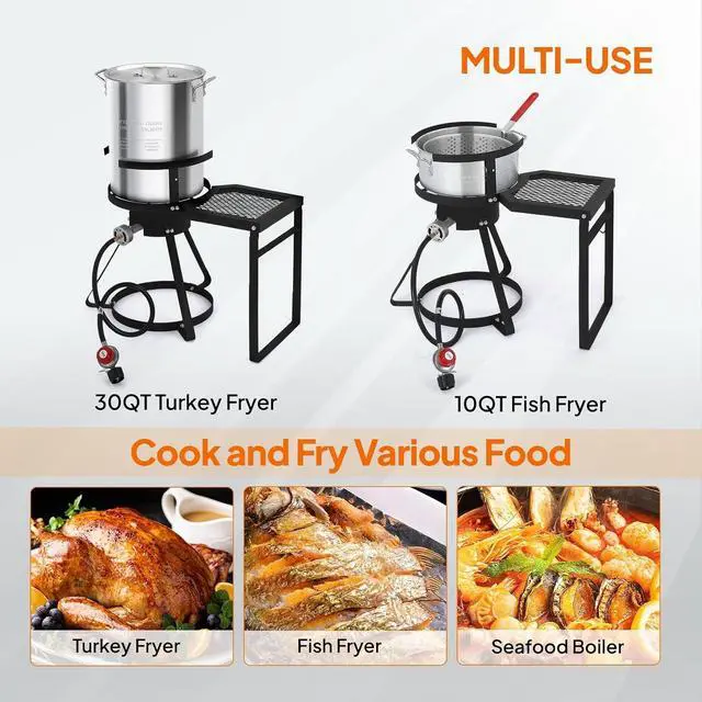Alt view image 5 of 7 - 30QT Turkey Fryer & 10QT Fish Fryer with 55,000 BTU Propane Burner, Outdoor Seafood & Crawfish Boiler with Steamer Basket & Thermometer, Ideal for Crawfish, Crab, Shrimp Boiling and Deep Frying