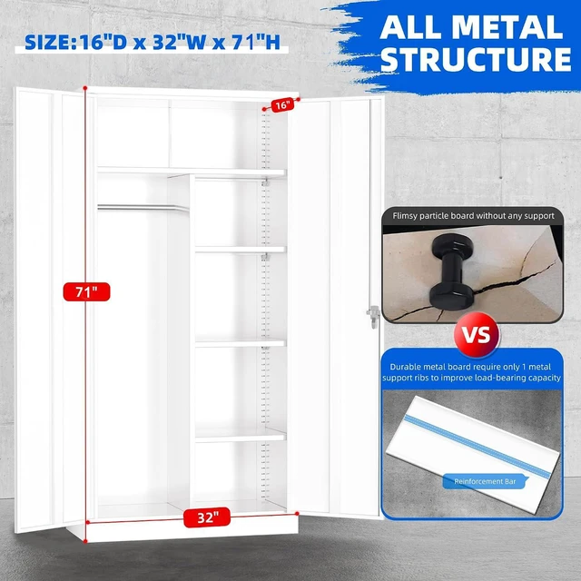 Alt view image 3 of 7 - 71" Metal Wardrobe Storage Cabinet Armoire, Locking Cabinet Locker with Hanging Rod, Steel Garage Storage Closet with 4 Adjustable Shelves for Office, Home, Employee, Broom(White)