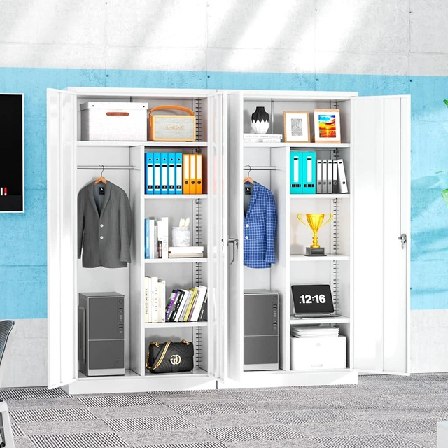 Alt view image 3 of 7 - 72" Metal Wardrobe Storage Cabinet Armoire, Locking Cabinet Locker with Hanging Rod, Steel Garage Storage Closet with 4 Adjustable Shelves for Office, Home, Employee, Broom(White)