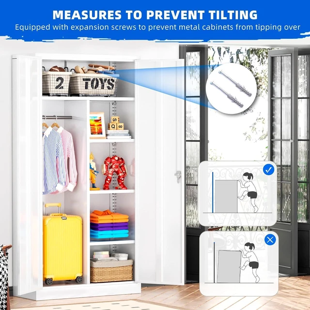Alt view image 4 of 7 - 72" Metal Wardrobe Storage Cabinet Armoire, Locking Cabinet Locker with Hanging Rod, Steel Garage Storage Closet with 4 Adjustable Shelves for Office, Home, Employee, Broom(White)