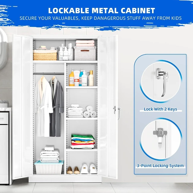 Alt view image 5 of 7 - 72" Metal Wardrobe Storage Cabinet Armoire, Locking Cabinet Locker with Hanging Rod, Steel Garage Storage Closet with 4 Adjustable Shelves for Office, Home, Employee, Broom(White)